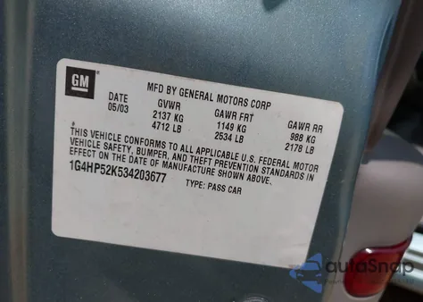 2003 Buick Lesabre Custom z USA, uszkodzony, nr VIN 1G4HP52K534203677